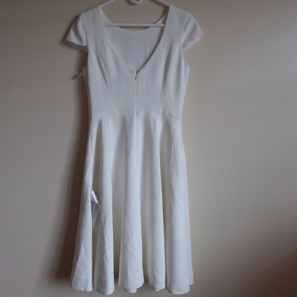 DRESS THE POPULATION FIT AND FLARE CREPE MIDI Dress, SZ .XS,IVORY, NEW - Picture 3 of 7